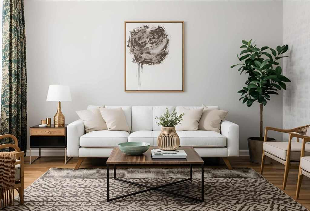 A modern living room featuring a white sofa with beige cushions, a wooden coffee table, and a decorative vase with greenery. The room has patterned curtains, a piece of abstract wall art, and a potted plant in the corner.