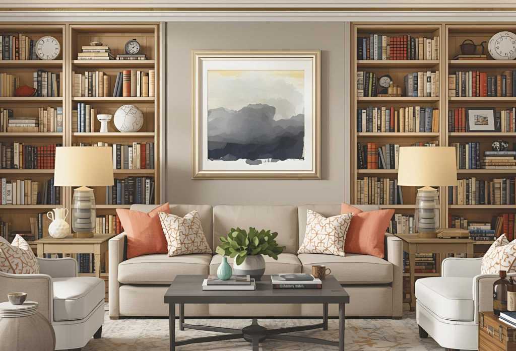 A cozy living room featuring a light-colored sofa with decorative pillows, a coffee table, and a stylish lamp, surrounded by bookshelves filled with various books and a piece of abstract art on the wall.