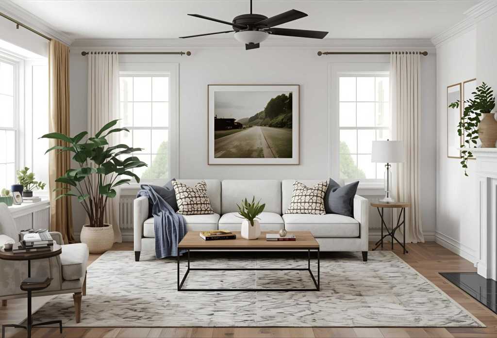 A bright and inviting living room featuring a white sofa adorned with patterned pillows, a wooden coffee table, lush green plants, and large windows with sheer curtains, creating a cozy atmosphere.