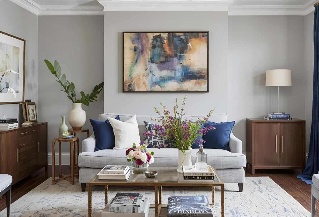 A modern living room featuring a light-colored sofa adorned with blue accent pillows, a floral centerpiece on a glass coffee table, and abstract wall art, surrounded by stylish decor elements.