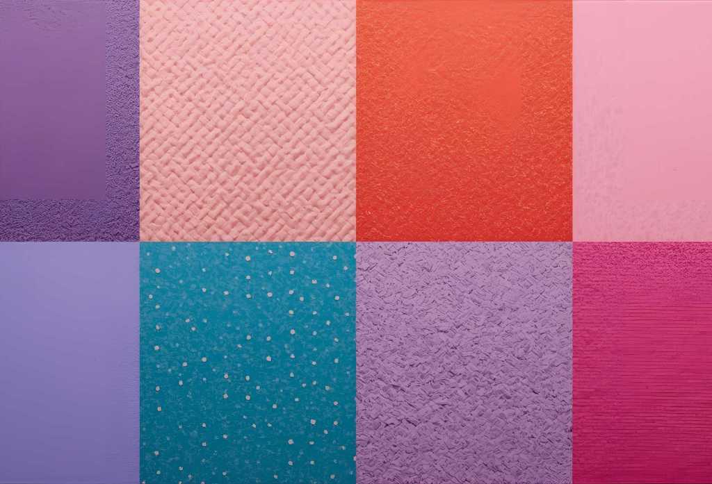 A grid of nine different textured color swatches, featuring shades of purple, pink, and teal, showcasing various patterns and finishes.