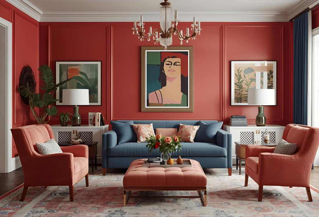 A stylish living room featuring a red accent wall, modern furnishings, and a mix of decorative elements. The space includes a blue sofa, coral armchairs, an upholstered ottoman, and art on the walls, creating a cozy yet sophisticated atmosphere.