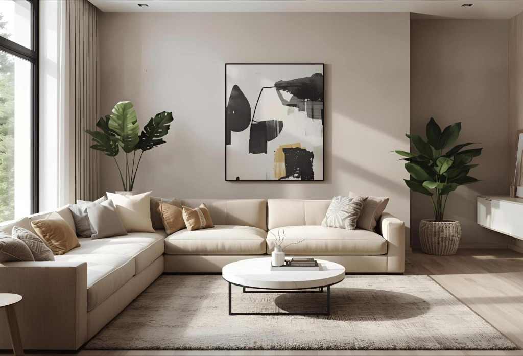 A modern living room featuring a beige sectional sofa adorned with various textured pillows, a round coffee table, and a large piece of abstract art on the wall. Bright sunlight filters through large windows, enhancing the cozy atmosphere with indoor plants adding a touch of nature.