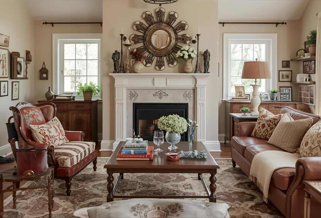 A cozy living room featuring a classic design, with a fireplace, comfortable leather sofas, and decorative pillows. The space is adorned with framed artwork, indoor plants, and a vintage mirror, creating a warm and inviting atmosphere.