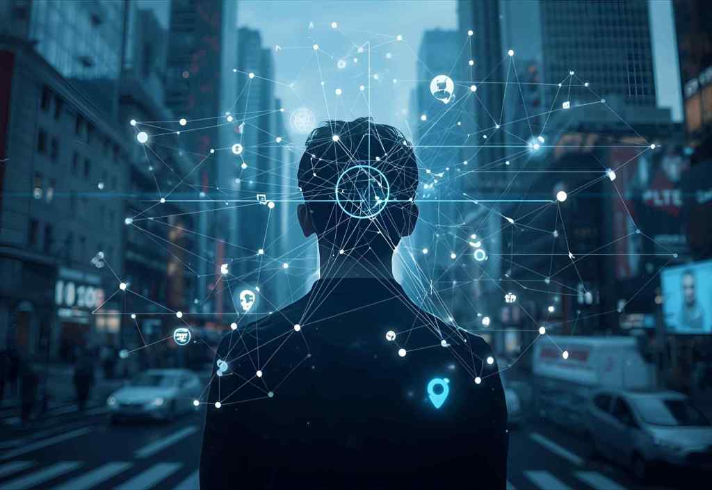 A silhouette of a person standing in a city street, surrounded by a web of interconnected digital symbols representing technology and artificial intelligence.