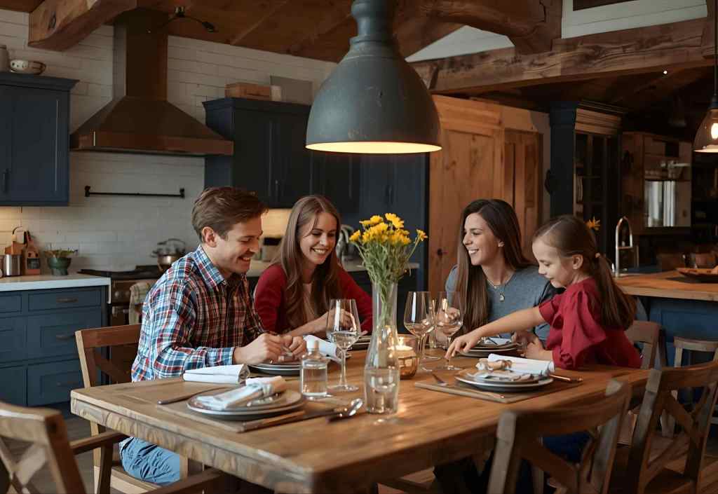 A family gathering around a dining table in a cozy kitchen, enjoying a meal together with flowers as a centerpiece.