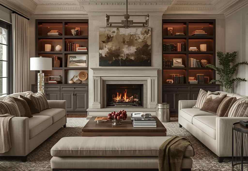 A stylish living room featuring two beige sofas, a wooden coffee table, and a cozy fireplace. Behind the sofas, there are built-in shelves with books and decorative items, alongside a large piece of artwork on the wall.