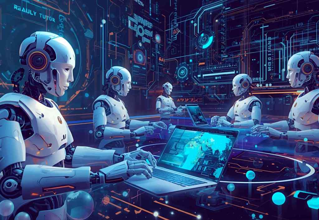 A futuristic scene depicting several robots sitting at a high-tech table, each using laptops, surrounded by digital screens displaying data and technological interfaces.