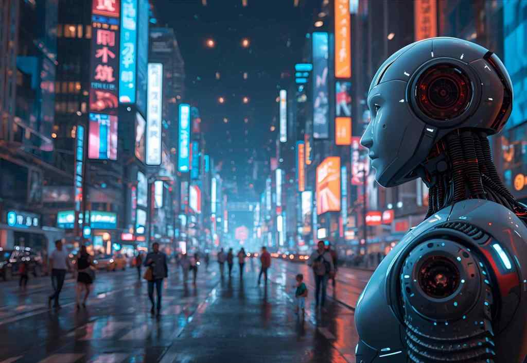 A futuristic robot standing in a bustling city street illuminated by neon signs, with people walking in the background.